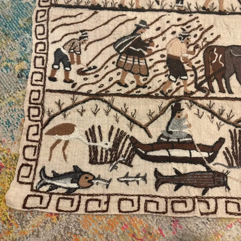 Vintage Folk Art Embroidery Peruvian Wall Tapestry Peru Artisan Fishing Farming